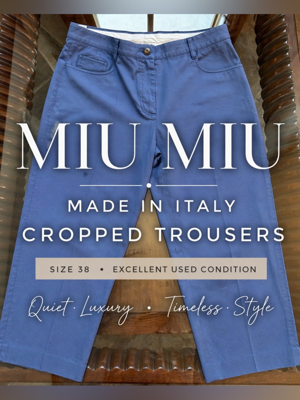 MIU MIU Cropped Stretch Trousers Sz 38 Blue Cotton Italy Designer Pants Logo Zip